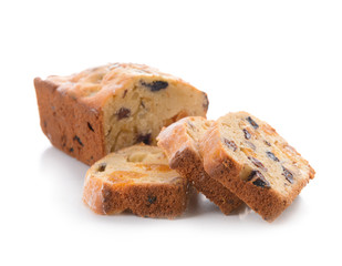 Tasty sliced homemade cake on white background