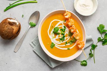 Sweet potato soup shrimps bowl top view