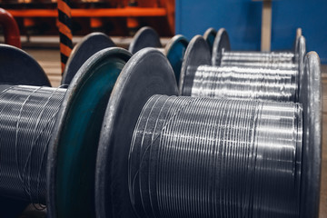 Steel wire, aluminum on reels in the industrial production for metalworking