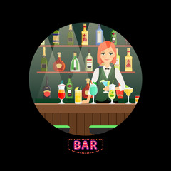 Bar and girl bartender vector round banner. Bar bartender woman, alcohol drink in nightclub illustration