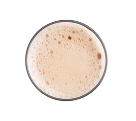 Glass of fresh beer on white background, top view