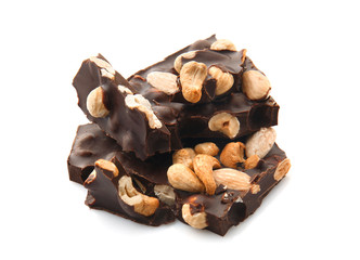 Tasty dark chocolate with nuts on white background