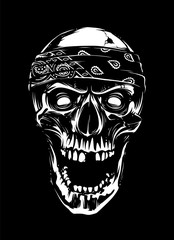 White Skull in Bandana on Black Background