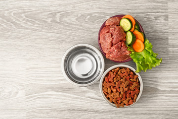 Bowls with dry and fresh pet food on floor
