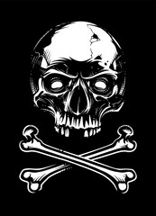 White Skull with Bones on Black Background