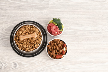 Bowls with dry and fresh pet food on floor