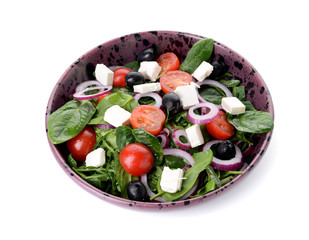 Bowl with healthy salad on white background