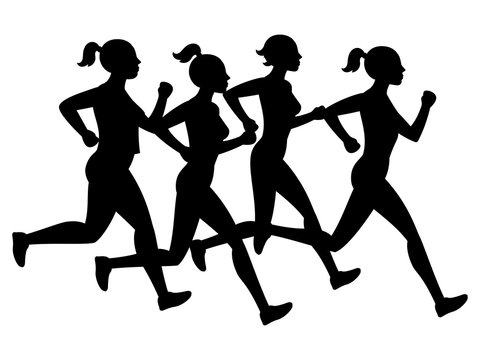 Running female silhouettes isolated on white background - leadership concept. Female silhouette runner, run sport girl illustration