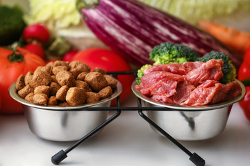 Bowls with dry and fresh pet food on table