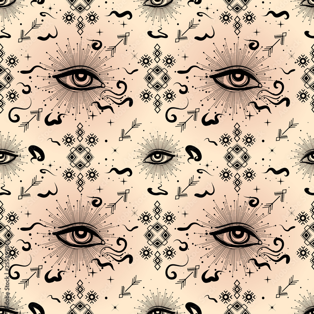 Wall mural Seamless pattern in ancient celestial style with eye and ethnic ornaments. Bohemian, gypsy motifs.