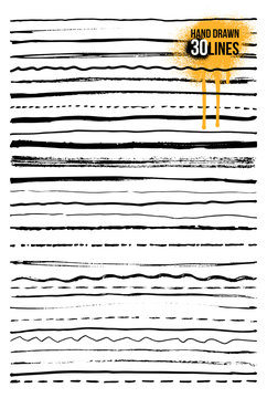 Set of Hand drawn doodle lines. Pen stroke sketch. Vintage underline border elements, cartoon frame set, pencil grunge decoration. Freehand drawing. Vector illustration. Isolated on white background.