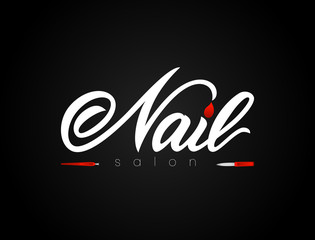 Obraz premium Hand lettering Nail salon on black background with nail tools. Isolated. Vector
