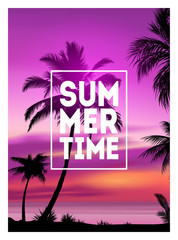 Fototapeta premium Summer tropical background with palms, sky and sunset. Summer placard poster flyer invitation card. Summertime.