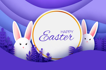 Happy Easter Greeting card with paper cut bunny rabbit, spring flowers. Origami layered landscape. Place for text. Violet. Circle frame for text.
