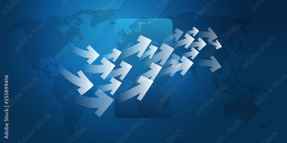 Poster global networks design with arrows, world map and smartphone - vector template for your business