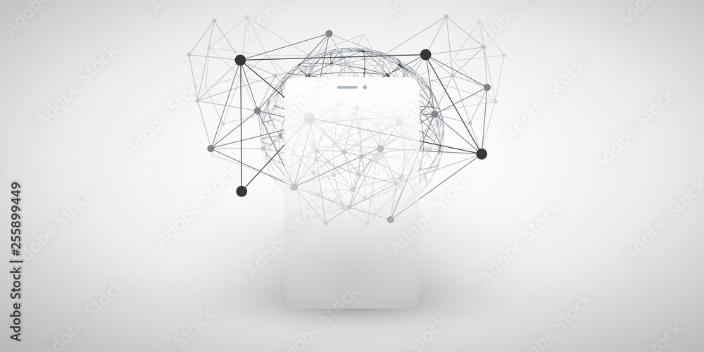 Poster global networks design with network mesh and smartphone silhouette - vector template for your busine