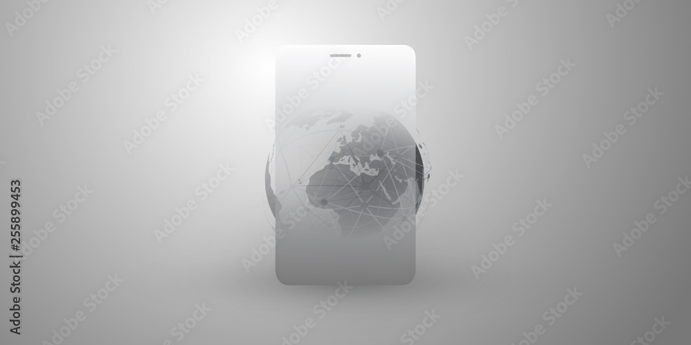 Poster global networks design with network mesh, earth globe and smartphone silhouette - vector template fo