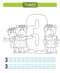 Three. Learning number 3. Coloring printable worksheet for kindergarten and preschool. Cow. 