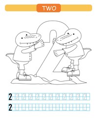 Two. Learning number 2. Coloring printable worksheet for kindergarten and preschool. Crocodile. 