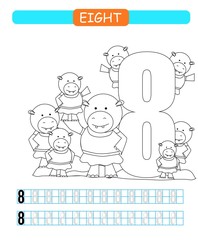 Eight. Learning number 8. Coloring printable worksheet for kindergarten and preschool. Hippopotamus. 