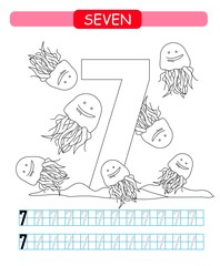 Seven. Learning number 7. Coloring printable worksheet for kindergarten and preschool. Jellyfish. 
