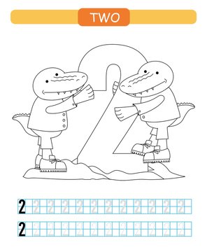 Two. Learning number 2. Coloring printable worksheet for kindergarten and preschool. Crocodile. 