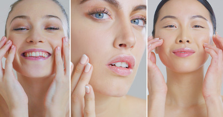 Collage of portraits of women of different ethnicities with beautiful faces and perfect skin just...
