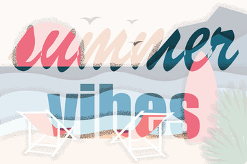 Summer vibes background with chairs and palm leaves, sun and mountains on background. Seaside resort near the ocean or sea. Perfect vector for your banner, poster. 