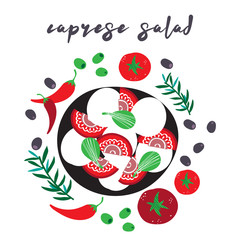 Italian cuisine vector illustration with caprese salad, pepper, rosemary, garlic, tomato, olives. Hand drawn food illustration for menu, banner, flyer, print, poster. 