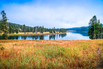 A very small crystal clear lake in the forest of Yellowstone National Park, Wyoming