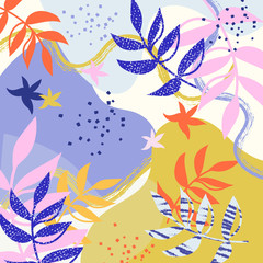 Abstract vector background with rough brush strokes, leaves, hand drawn dots, grain, textures and minimalist elements. Suitable for creating greeting cards, invitations, banners, web, flyers, covers