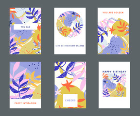 Naklejka premium Set of colorful hand drawn universal cards and posters. Great texture design for birthday, wedding, date, sale, anniversary invitations, cards, posters, flyers, banners with a place for your text.