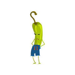 Sad Hot Green Pepper, Cute Vegetable Character with Funny Face Vector Illustration