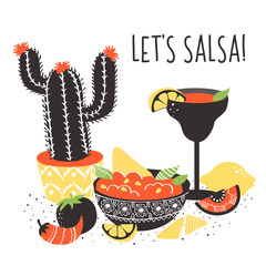 Set of colorful hand drawn Mexican food elements: salsa, margarita, lemon, cactus, tomato. Hand drawn food for restaurant menu, banner, flyer, print design and place for your text.
