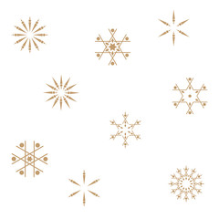 Snowflakes pattern vector. Geometric background with snowflakes shapes in gold and white.