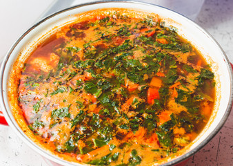 Traditional Ukrainian dish in a pan - borsch