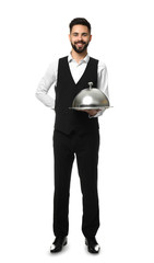Obraz na płótnie Canvas Waiter with tray and cloche on white background