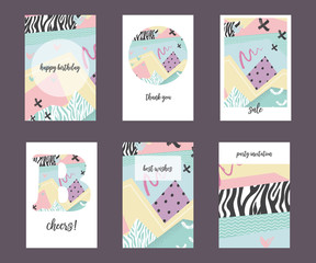 Set of colorful hand drawn universal cards and posters. Great texture design for birthday, wedding, date, sale, anniversary invitations, cards, posters, flyers, banners with a place for your text. 