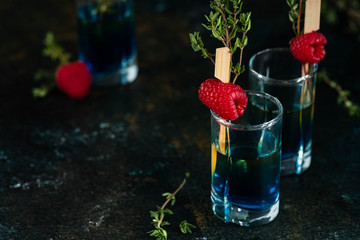 Colorful shots on a dark background. Cocktails in the bar with raspberries and thyme.
