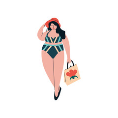 Attractive Brunette Curvy Girl in Swimsuit and Hat, Beautiful Plus Size Plump Woman Vector Illustration
