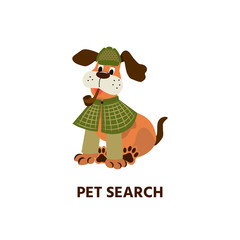 Dog with a tube. Cute pet as a detective. Pet Search. Vector illustration in cartoon style with animal character