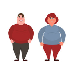 A man and a woman with obesity. Unhealthy Lifestyle. Incorrect food. Concept Health problems of fast food. Vector illustration.