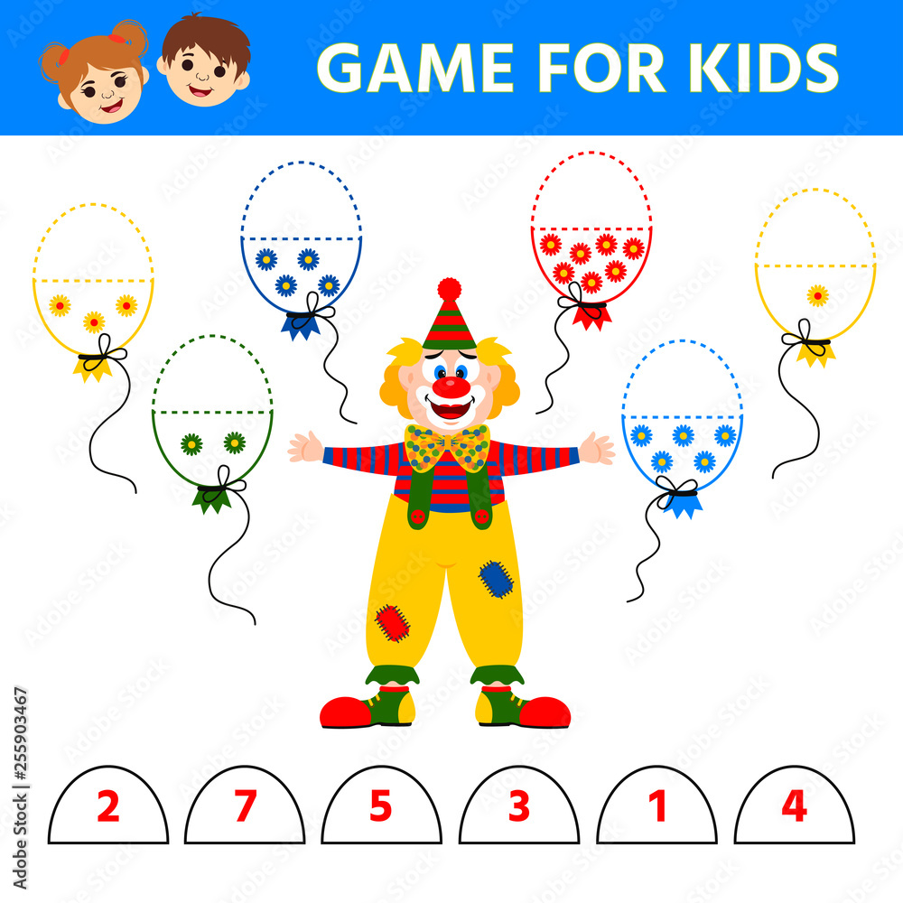 Wall mural Education logic game for preschool kids. Clown and balloons. Children funny riddle entertainment.  Vector illustration