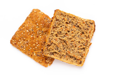 Rye bread slice on a white background.