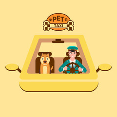 Taxi driver and dog on front seat. Vector illustration in flat style  on white background. Pet travel concept.