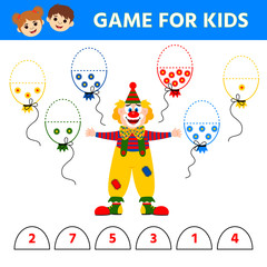 Education logic game for preschool kids. Clown and balloons. Children funny riddle entertainment.  Vector illustration