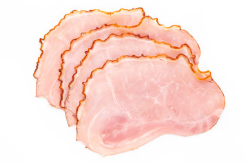 Sliced boiled ham sausage isolated on white background, top view.