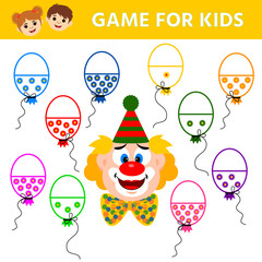 Obraz na płótnie Canvas Education logic game for preschool kids. Clown and balloons. Children funny riddle entertainment. Vector illustration
