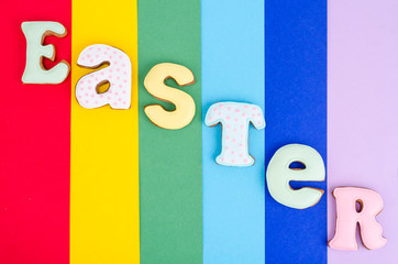 Creative layout, Easter homemade cakes on bright background, copy space.