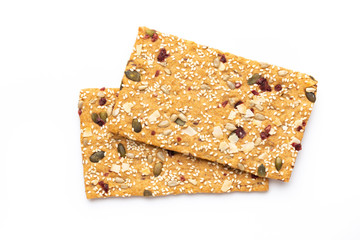 Rye bread slice on a white background.